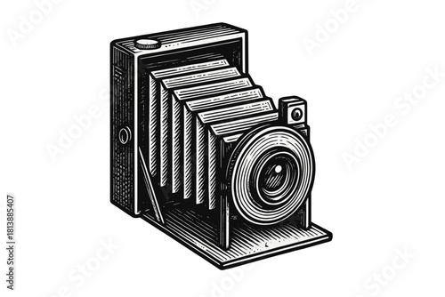 Vintage folding bellows camera classic woodcut technique black and white