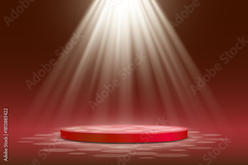 Red stage podium with stage lighting. Vector illustration.