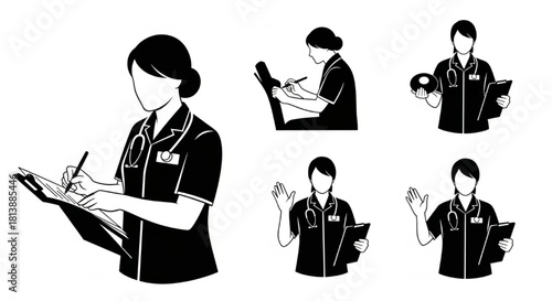Medical Professional Silhouette Vector Showing Sequential Gestures — Writing, Examining, Holding Clipboard, Greeting

