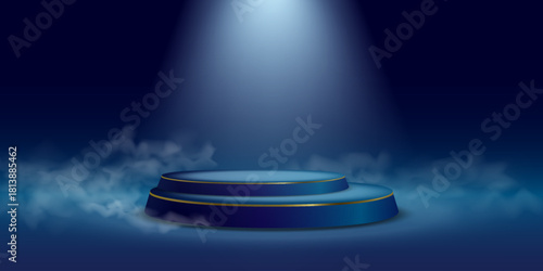 Blue stage podium with dramatic spotlight and fog.