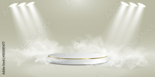 Luxury spotlight podium with smoke and soft lighting.