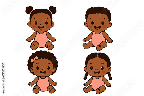 Set of four adorable African American babies sitting, smiling, with various hairstyles