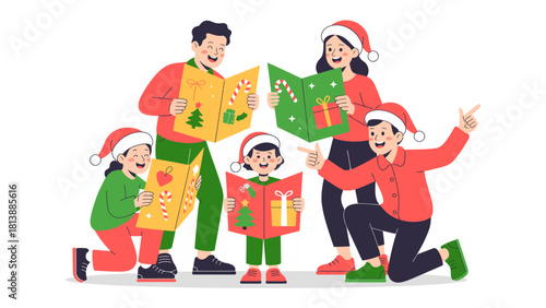 Family Carols: A cheerful family sings carols together, illuminated with the warmth of the Christmas spirit, joy and festive togetherness.
