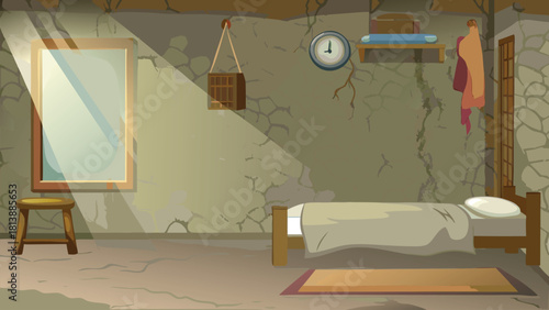 Humble mud-walled farmer room at night with floor bedding vector illustration ai generated art