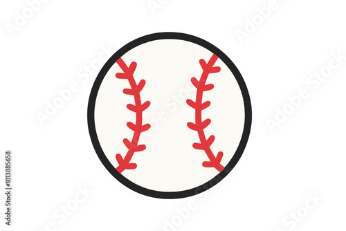 Minimalist baseball design featuring red stitching and thick black outline on white background