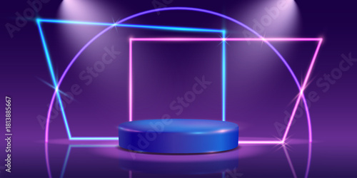 Futuristic Podium with Bright Neon Geometry