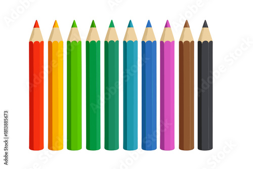 Assortment of sharp colored pencils arranged vertically creating a vibrant rainbow spectrum