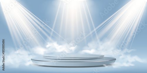Realistic podium with smoke and light effect.