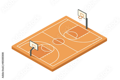 Isometric basketball court layout with backboards and regulation markings