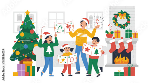 Christmas Cheer: Family gathered around a fireplace, engrossed in the magic of Christmas, the air brimming with the sweet anticipation of the season. 