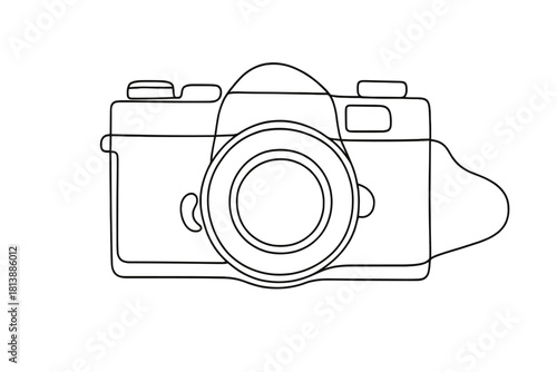Minimalist black and white graphic of a classic photographic camera drawn with a continuous single line