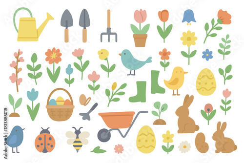 Colorful spring and Easter icons set featuring flowers, birds, bunnies, and gardening tools