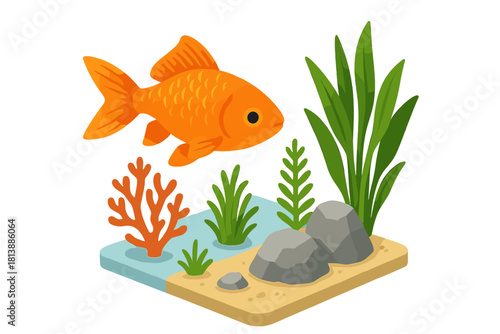 Bright orange goldfish swimming in an isometric aquarium environment with green seaweed and rocks