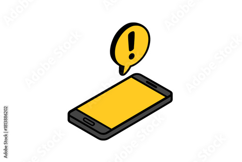 Isometric mobile device displaying critical warning notification alert symbol