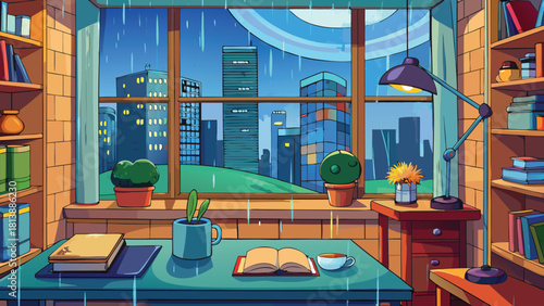 Cartoon interior of a city study room during rain vector illustration ai generated art