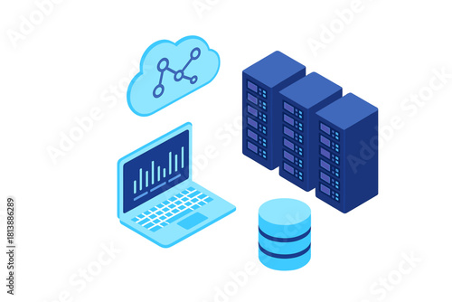Isometric representation of cloud computing infrastructure with servers, laptop, and database storage