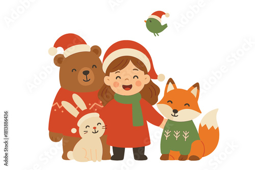 Wallpaper Mural Adorable girl and friendly wild animals celebrating the winter holidays in festive attire Torontodigital.ca
