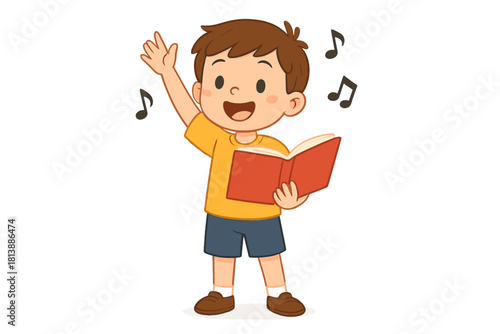Happy young boy singing a song from a book with musical notes floating around him