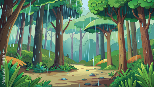 Cartoon deep forest during gentle raindrops vector illustration ai generated art