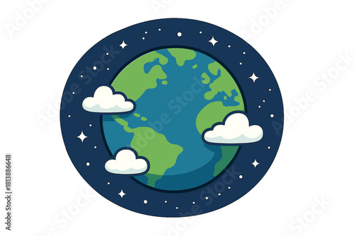 Planet Earth floating in dark space surrounded by white clouds and shining stars