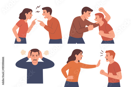 Angry couples arguing, shouting, and fighting, showing emotional conflict and relationship problems