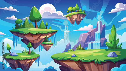 Cartoon game background of floating grassy islands vector illustration ai generated art