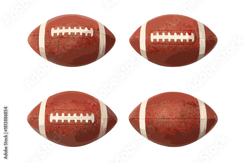 Four classic brown leather American footballs with white laces and stripes isolated on white
