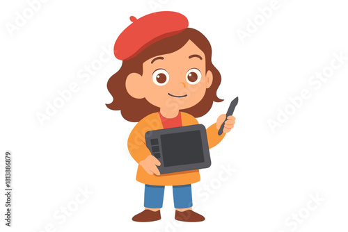 Cheerful young artist wearing a red beret holding a digital drawing tablet and stylus for creative design work
