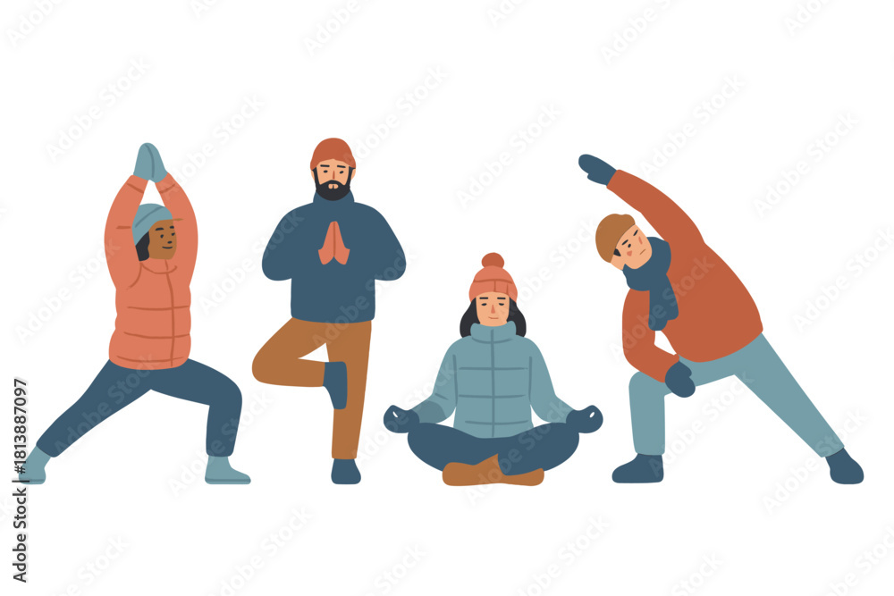 Obraz premium Diverse group practicing yoga poses outdoors wearing warm winter clothing
