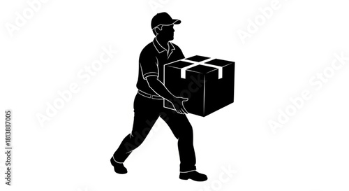 Delivery Worker Silhouette Vector Showing Sequential Actions — Carrying, Loading, Pushing, Handing Package

