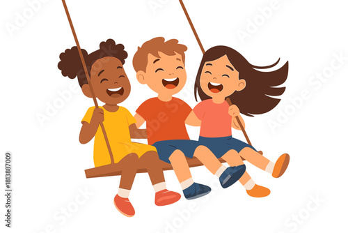 Diverse children laughing and swinging together on a playground swing set