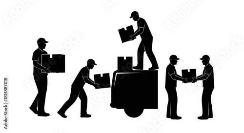 Delivery Worker Silhouette Vector Showing Sequential Actions — Carrying, Loading, Pushing, Handing Package

