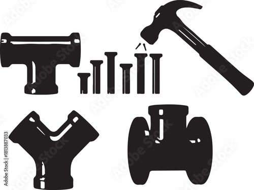 Black Silhouette of Plumbing Fittings and Hammer with Nails