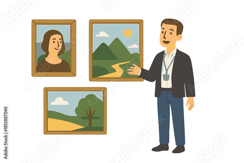 Professional guide pointing to framed paintings in an art gallery exhibition