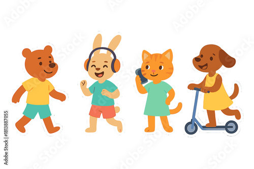 Cute cartoon animal characters walking, running, talking on phone, and riding a scooter