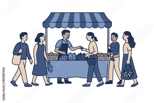 Community members shopping for organic vegetables and fruits at a local farmer's market stand