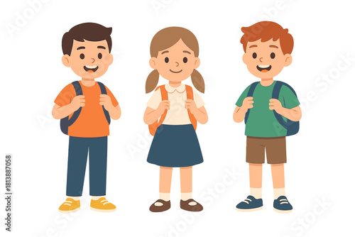Three happy diverse elementary students wearing backpacks ready for the first day of school