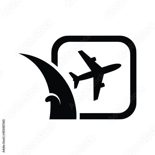 Airplane icon with a wave and a square frame, representing travel and adventure