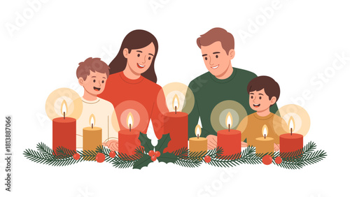 Candlelit Family: A family gathers in the warm glow of candlelight during a cozy holiday celebration, symbolizing togetherness and the spirit of the season.