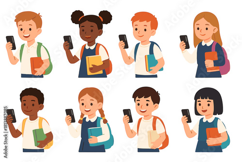 Diverse group of smiling elementary school students using mobile phones and carrying backpacks