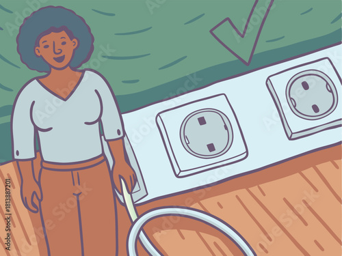 Illustration of a woman with an extension cord and electrical outlets suitable for energy concepts.