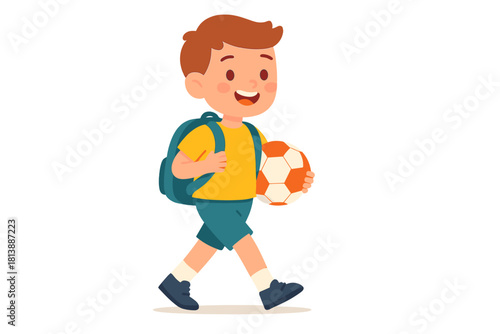Cheerful elementary school student walking with a backpack and holding a soccer ball