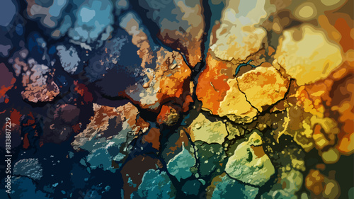 Abstract illustration of cracked earth texture, a vibrant geological mosaic with shifting colors and intricate fissures, symbolizing nature's transformation and beauty