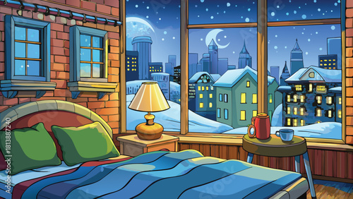 Cartoon bedroom with soft bed near large window winter background vector illustration ai generated art