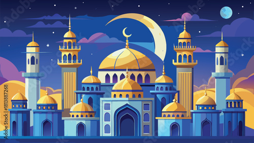 Cartoon city skyline with domes and minarets glowing vector illustration ai generated art