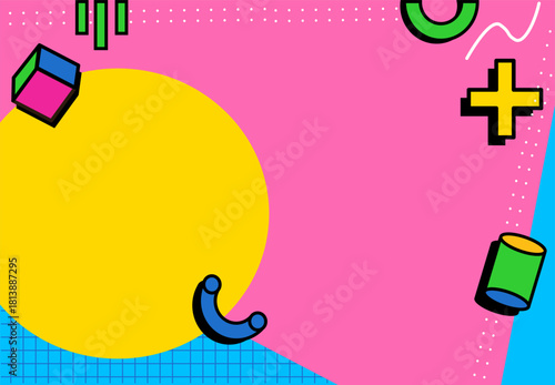 Vibrant 90s Retro Memphis Design on Pink Background with Colorful 3D Geometric Elements