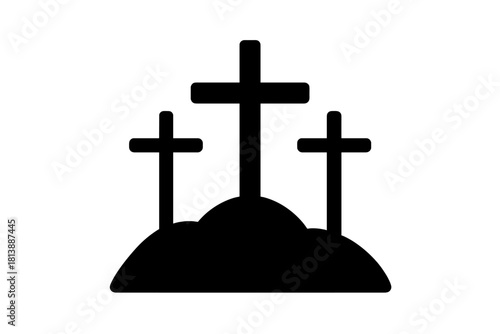 Three crosses standing on a hill symbolizing the Christian crucifixion event