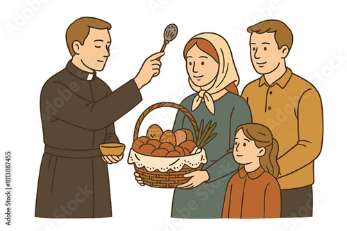Religious ceremony of a priest blessing a family's traditional Easter basket with eggs and bread