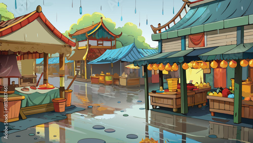 Deep Asian village bathed in warm sunset light, enormous tree silhouetted against the glowing sky vector illustration ai generated art