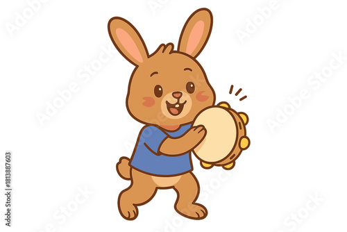 Adorable cartoon rabbit mascot playing a musical tambourine while wearing a blue t-shirt